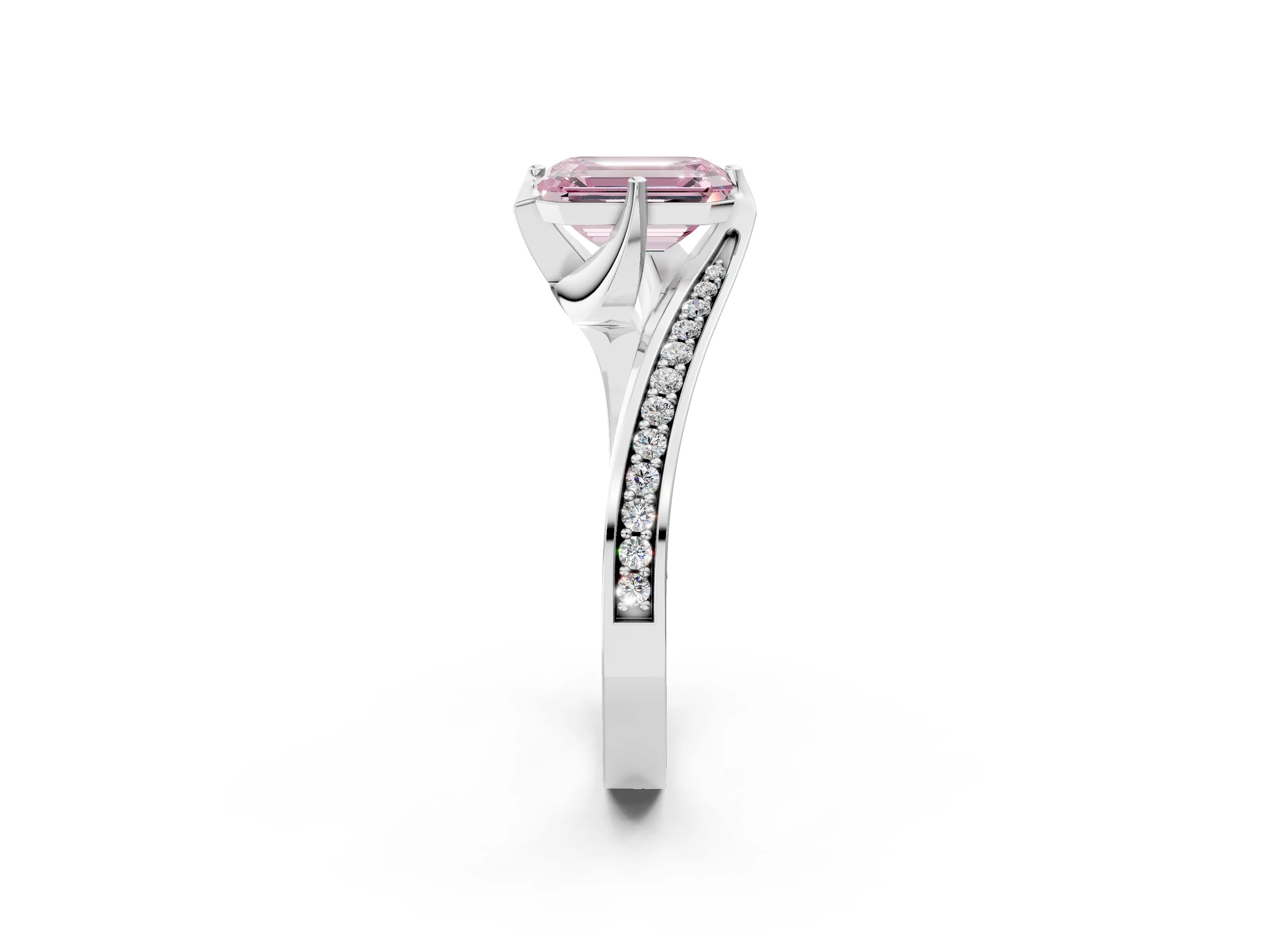 White gold Fancy Pink Emerald Cut Solitaire Diamond Twist Band with Pavé Setting and Four-Prong Setting_14
