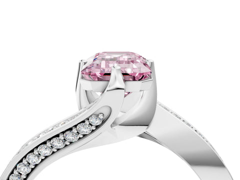 White gold Fancy Pink Emerald Cut Solitaire Diamond Twist Band with Pavé Setting and Four-Prong Setting_16