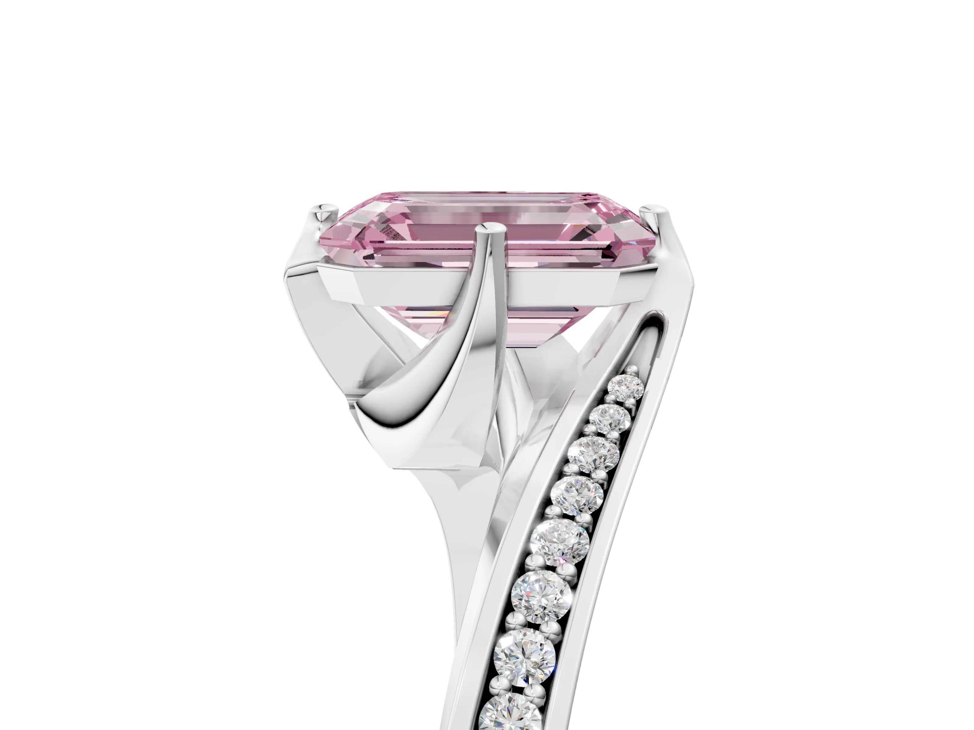 White gold Fancy Pink Emerald Cut Solitaire Diamond Twist Band with Pavé Setting and Four-Prong Setting_17