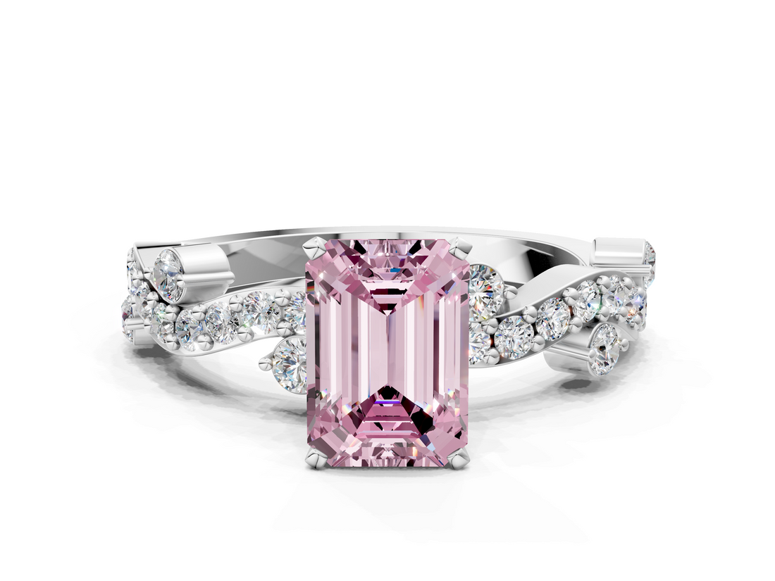 White gold Fancy Pink Emerald  Cut Solitaire Diamond Twisted Band with Pave Setting_80