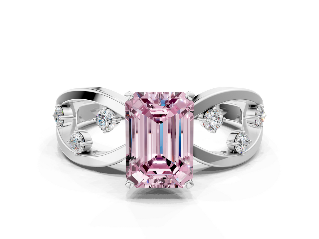 White gold Fancy Pink Emerald  Cut Solitaire Diamond with Side Stones on Criss-Cross Band and Four-Prong Setting_3