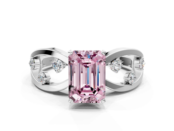 White gold Fancy Pink Emerald  Cut Solitaire Diamond with Side Stones on Criss-Cross Band and Four-Prong Setting