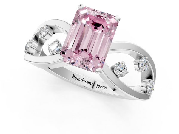 White gold Fancy Pink Emerald  Cut Solitaire Diamond with Side Stones on Criss-Cross Band and Four-Prong Setting