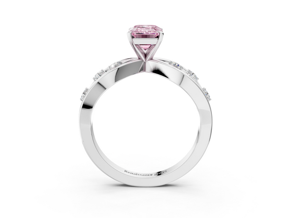 White gold Fancy Pink Emerald  Cut Solitaire Diamond with Side Stones on Criss-Cross Band and Four-Prong Setting