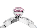 White gold Fancy Pink Emerald  Cut Solitaire Diamond with Side Stones on Criss-Cross Band and Four-Prong Setting_7