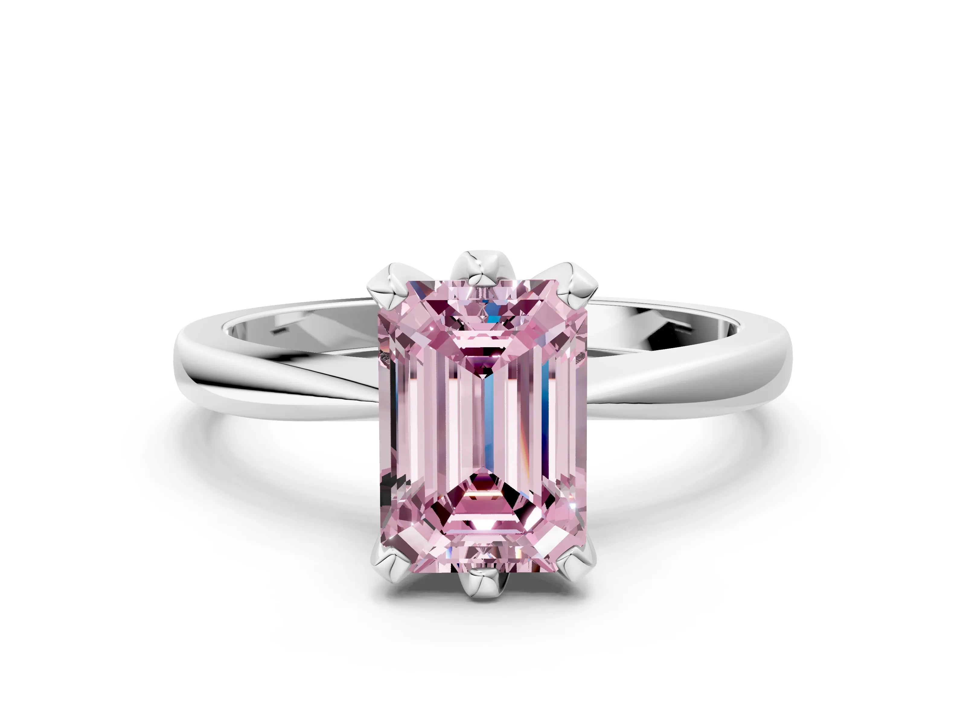 White gold Fancy Pink Emerald Cut Solitaire Engagement Ring with Six-Prong Setting and Tapered Band