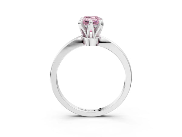 White gold Fancy Pink Emerald Cut Solitaire Engagement Ring with Six-Prong Setting and Tapered Band