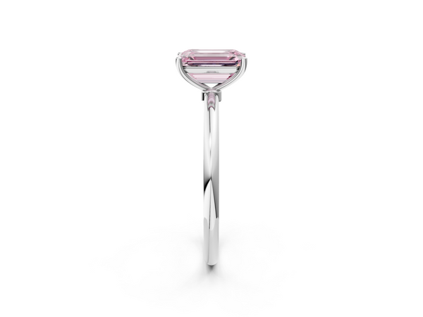 18K White Gold 4.51 Carat Pink VVS2 Emerald Cut Solitaire Engagement Ring with Thin Band and Four-Prong Setting