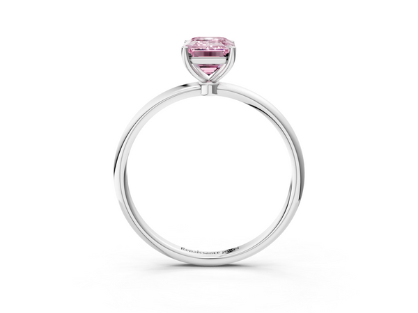 18K White Gold 4.51 Carat Pink VVS2 Emerald Cut Solitaire Engagement Ring with Thin Band and Four-Prong Setting