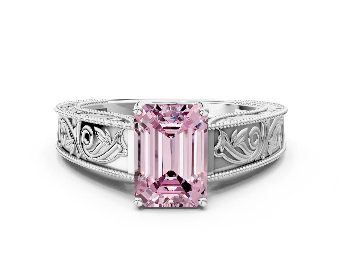 White gold Fancy Pink Emerald  Cut Solitaire Engraved Band with Four-Prong Setting_79