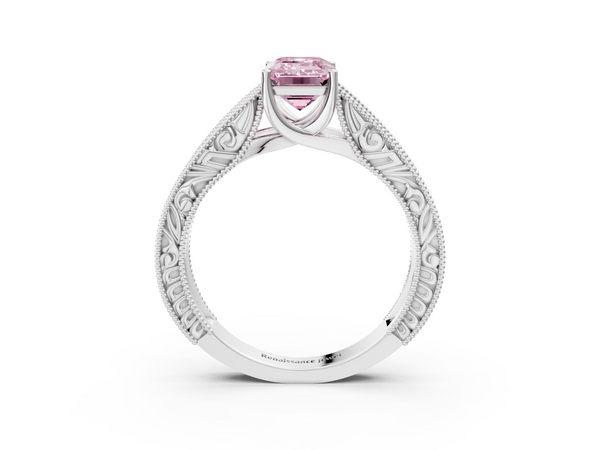 White Gold Emerald Cut Vintage Engraved Solitaire Engagement Ring Setting for Fancy Pink Center