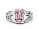 White gold Fancy Pink Emerald Cut Solitaire Intertwined Band Prong Setting Ring