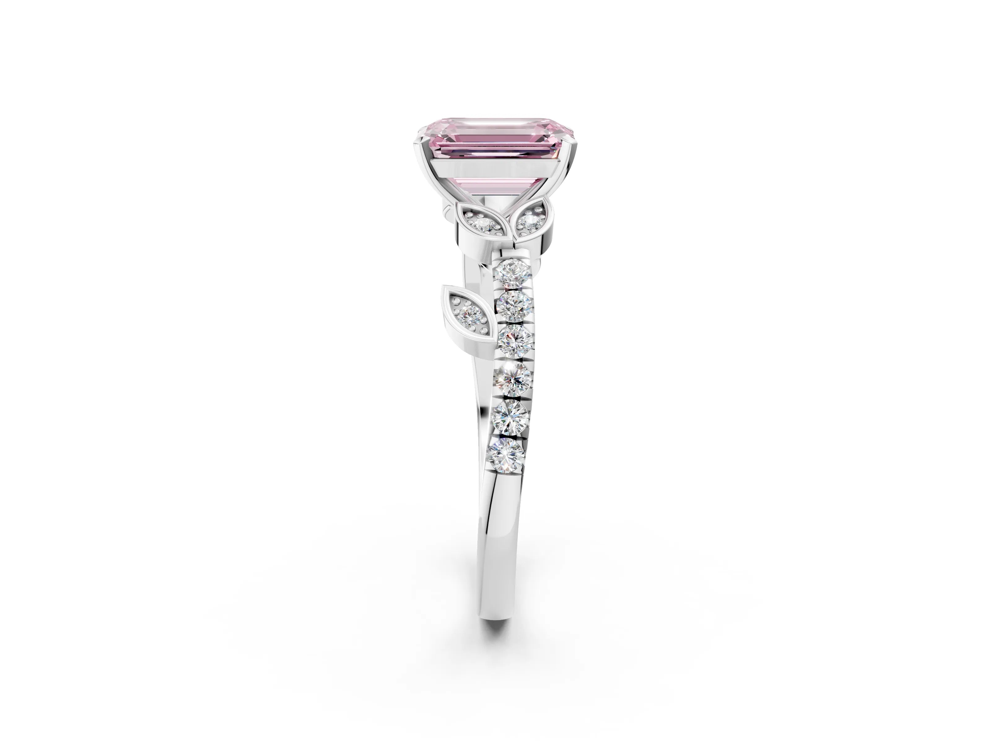 White gold Fancy Pink Emerald Cut Solitaire Leaf-Inspired Diamond Ring with Pavé Band and Four-Prong Setting_14