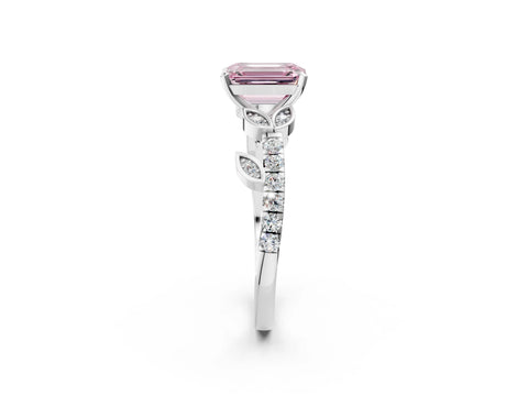 White gold Fancy Pink Emerald Cut Solitaire Leaf-Inspired Diamond Ring with Pavé Band and Four-Prong Setting_14