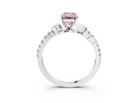 White gold Fancy Pink Emerald Cut Solitaire Leaf-Inspired Diamond Ring with Pavé Band and Four-Prong Setting_15