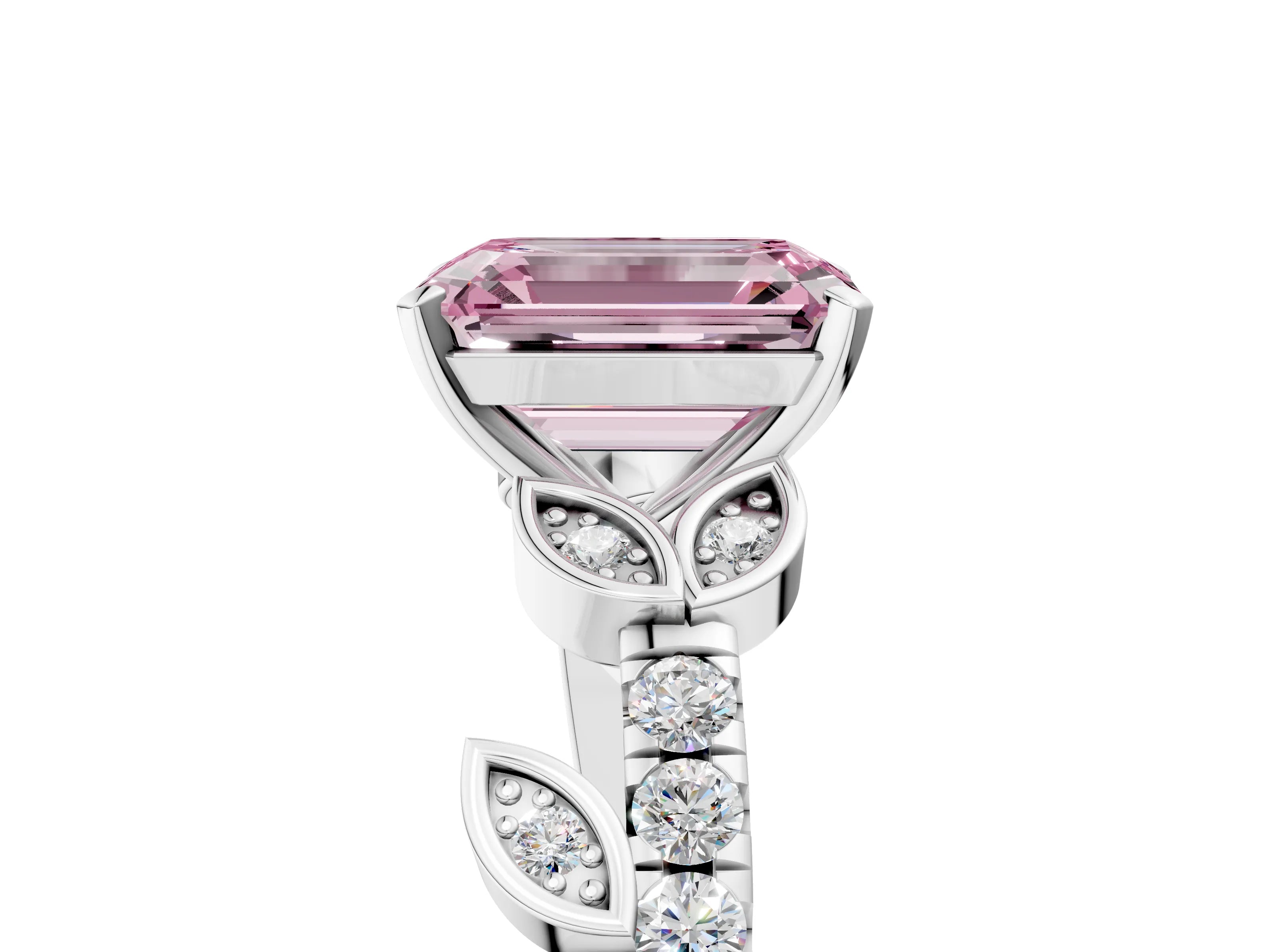 White gold Fancy Pink Emerald Cut Solitaire Leaf-Inspired Diamond Ring with Pavé Band and Four-Prong Setting_17