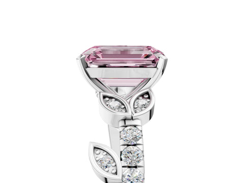 White gold Fancy Pink Emerald Cut Solitaire Leaf-Inspired Diamond Ring with Pavé Band and Four-Prong Setting_17