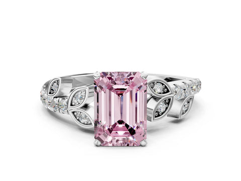 White gold Fancy Pink Emerald Cut Solitaire Leaf-Inspired Diamond Ring with Pavé Band and Four-Prong Setting_24