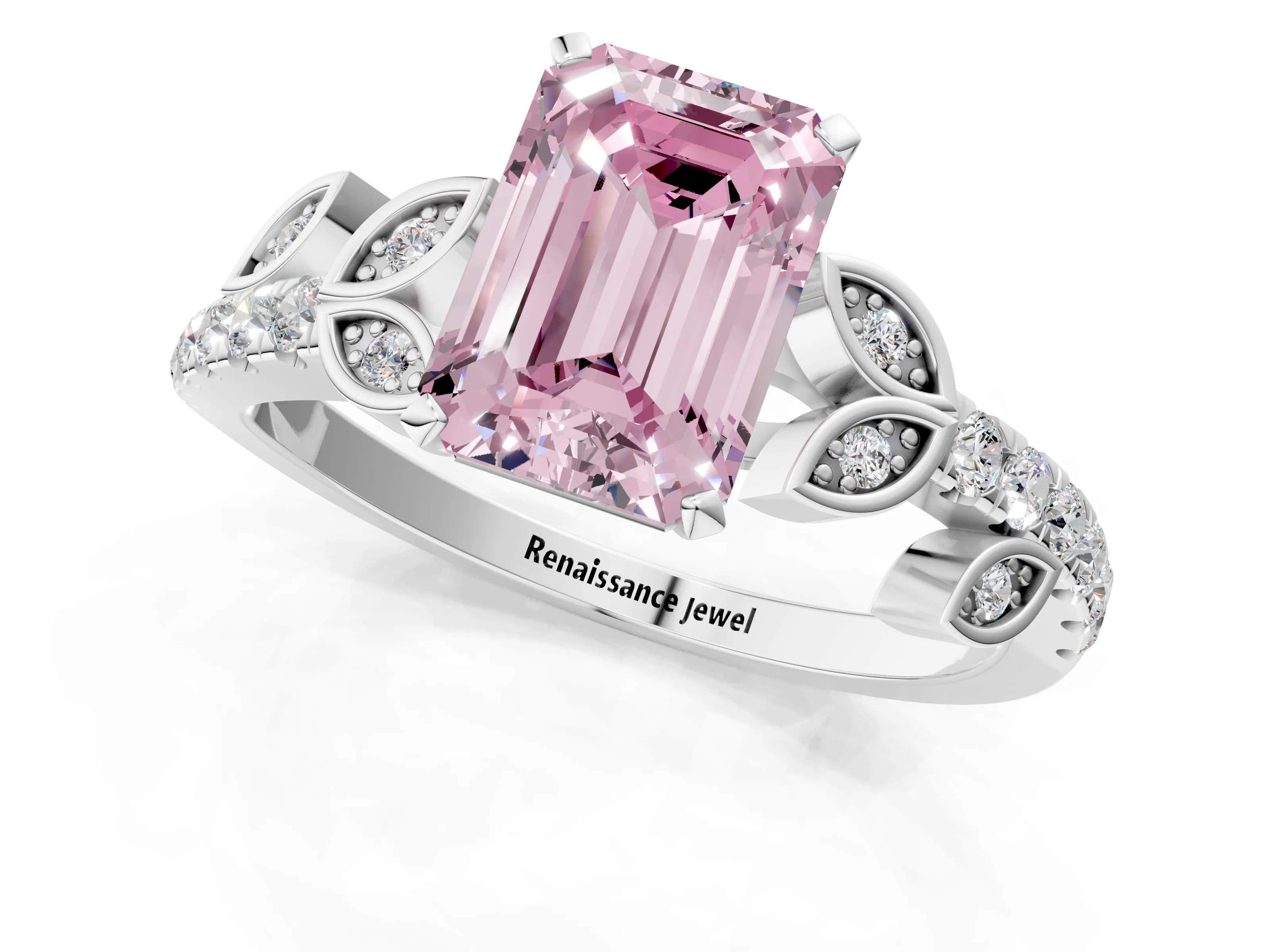 White gold Fancy Pink Emerald Cut Solitaire Leaf-Inspired Diamond Ring with Pavé Band and Four-Prong Setting_25