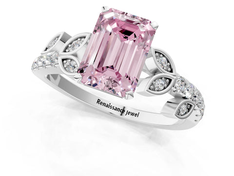 White gold Fancy Pink Emerald Cut Solitaire Leaf-Inspired Diamond Ring with Pavé Band and Four-Prong Setting_25
