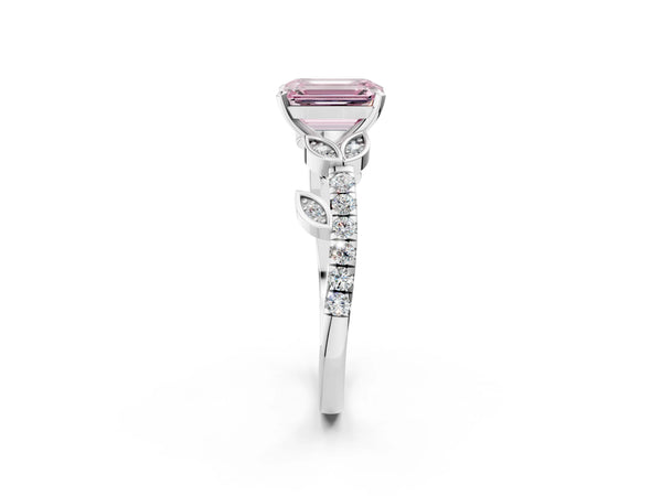 Platinum Fancy Pink Emerald Cut Solitaire Leaf-Inspired Diamond Ring with Pavé Band and Four-Prong Setting