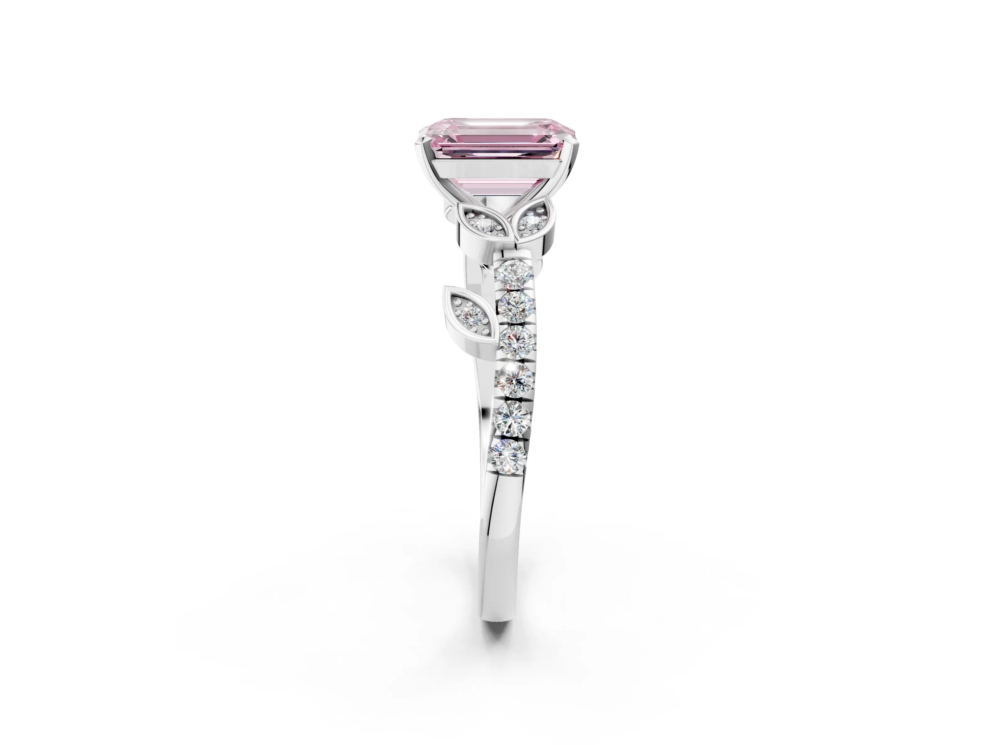 White gold Fancy Pink Emerald Cut Solitaire Leaf-Inspired Diamond Ring with Pavé Band and Four-Prong Setting_26