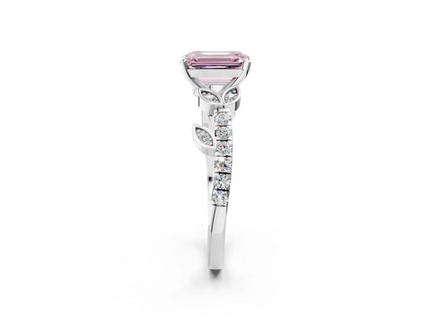 White gold Fancy Pink Emerald Cut Solitaire Leaf-Inspired Diamond Ring with Pavé Band and Four-Prong Setting_26