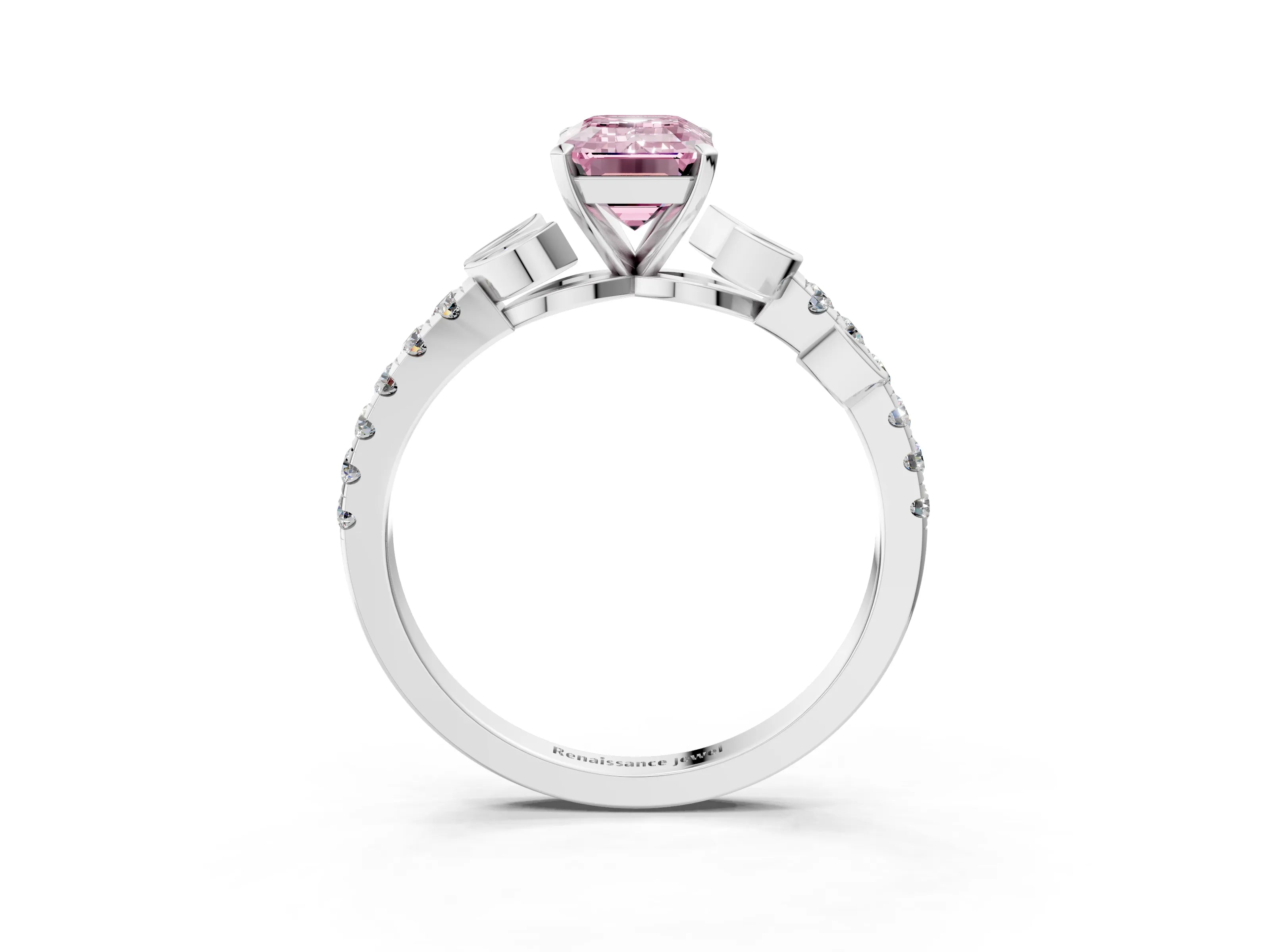 White gold Fancy Pink Emerald Cut Solitaire Leaf-Inspired Diamond Ring with Pavé Band and Four-Prong Setting_27
