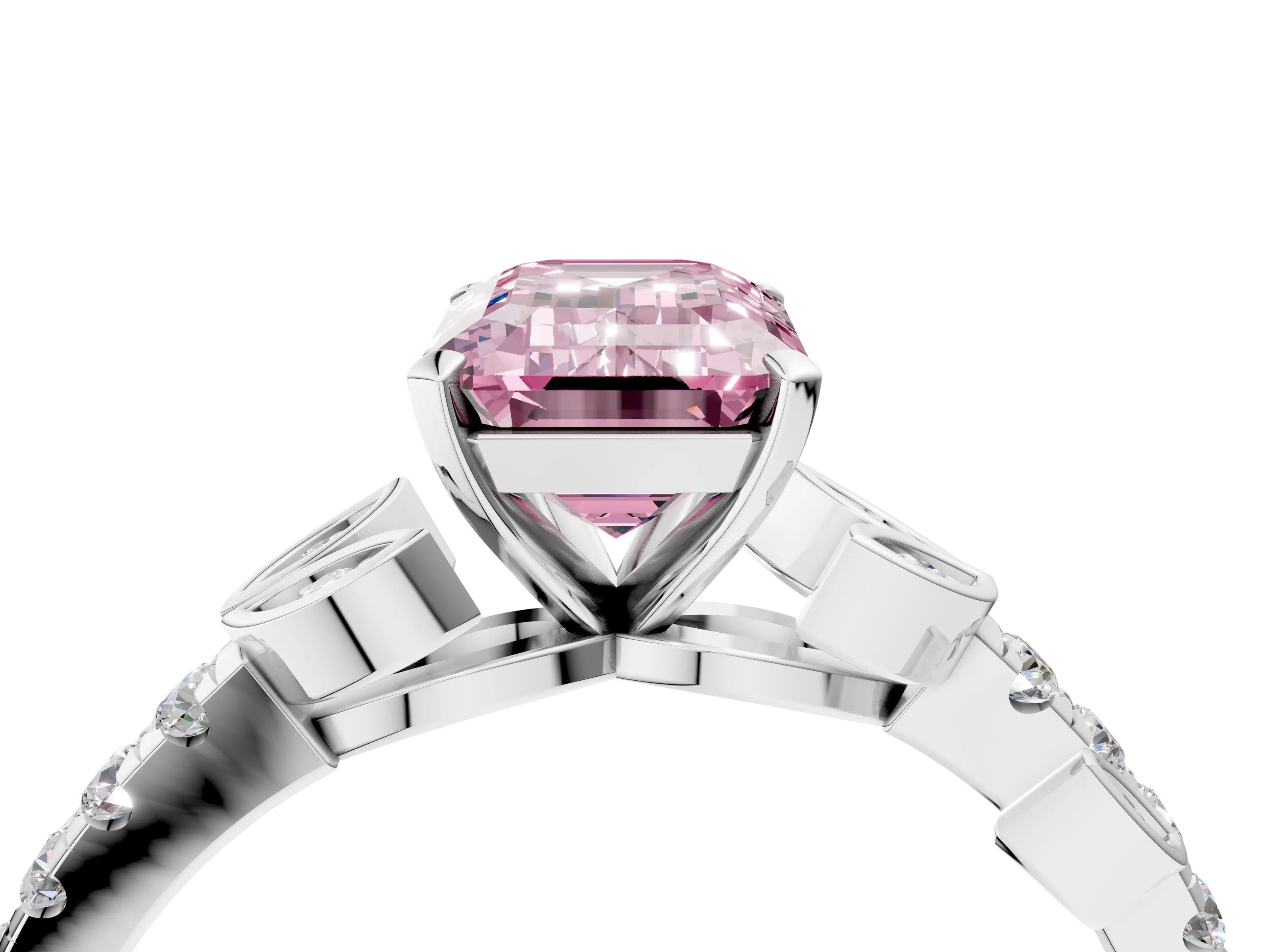 White gold Fancy Pink Emerald Cut Solitaire Leaf-Inspired Diamond Ring with Pavé Band and Four-Prong Setting_28