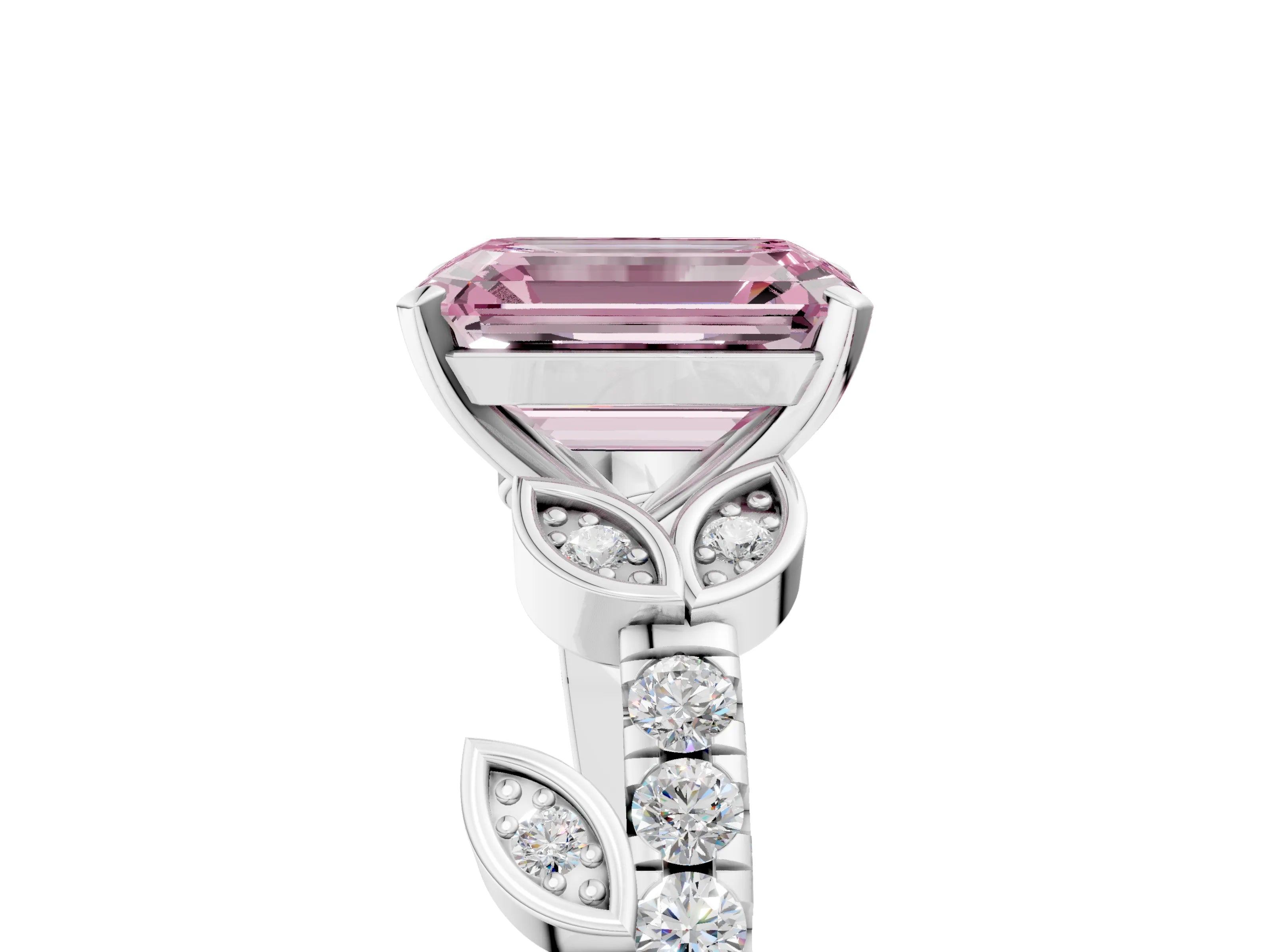 White gold Fancy Pink Emerald Cut Solitaire Leaf-Inspired Diamond Ring with Pavé Band and Four-Prong Setting_29