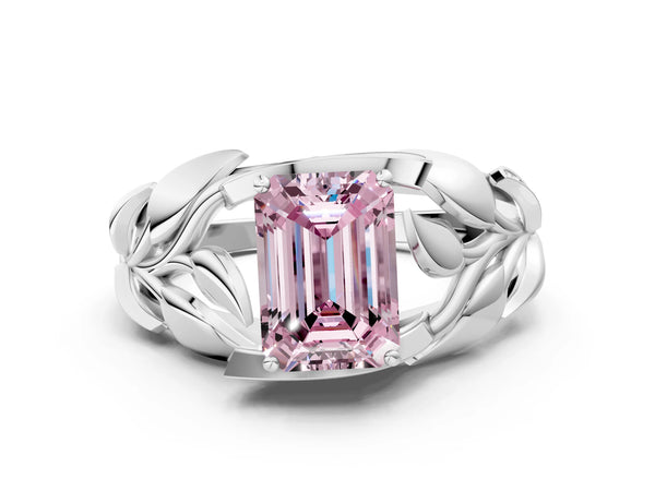 White Gold Emerald Cut Pave Leaf Bypass Engagement Ring Setting for Fancy Pink Center