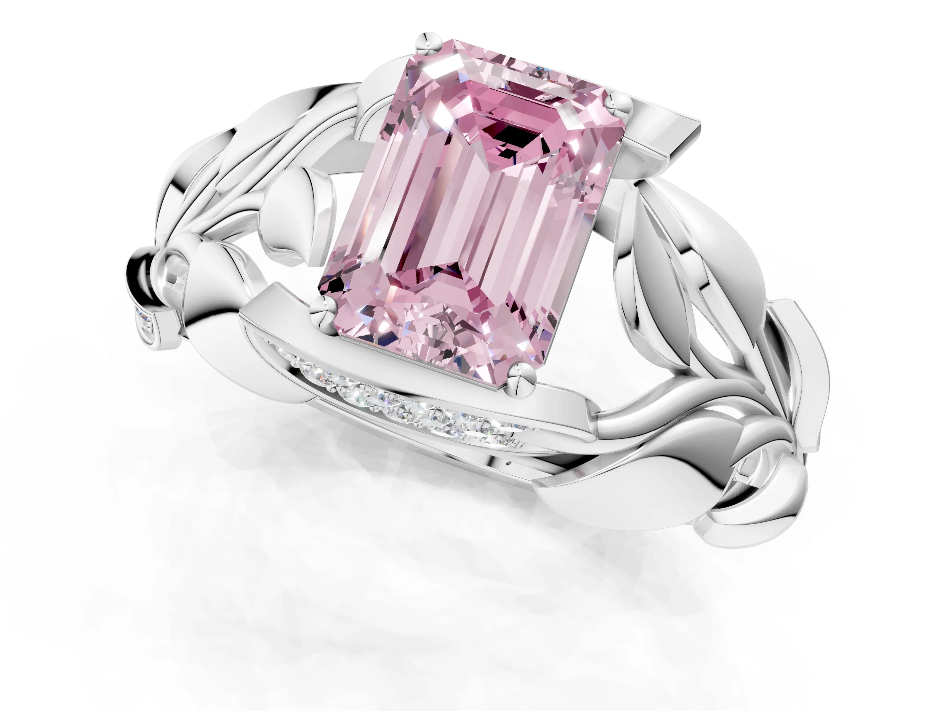 White gold Fancy Pink Emerald Cut Solitaire Leaf-Inspired Engagement Ring with Prong Setting_1