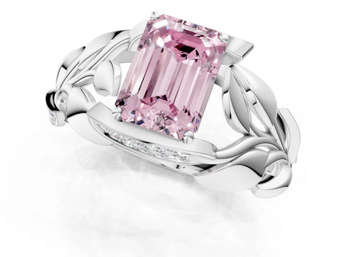 White gold Fancy Pink Emerald Cut Solitaire Leaf-Inspired Engagement Ring with Prong Setting_1