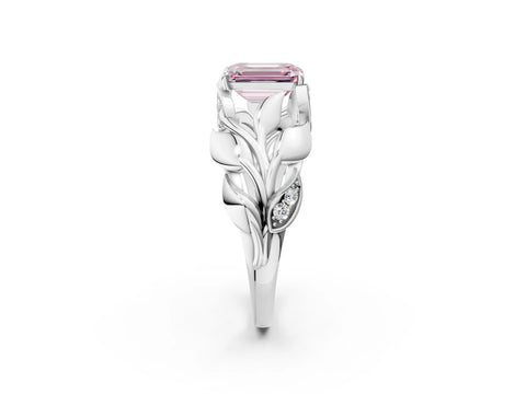 White gold Fancy Pink Emerald Cut Solitaire Leaf-Inspired Engagement Ring with Prong Setting_2