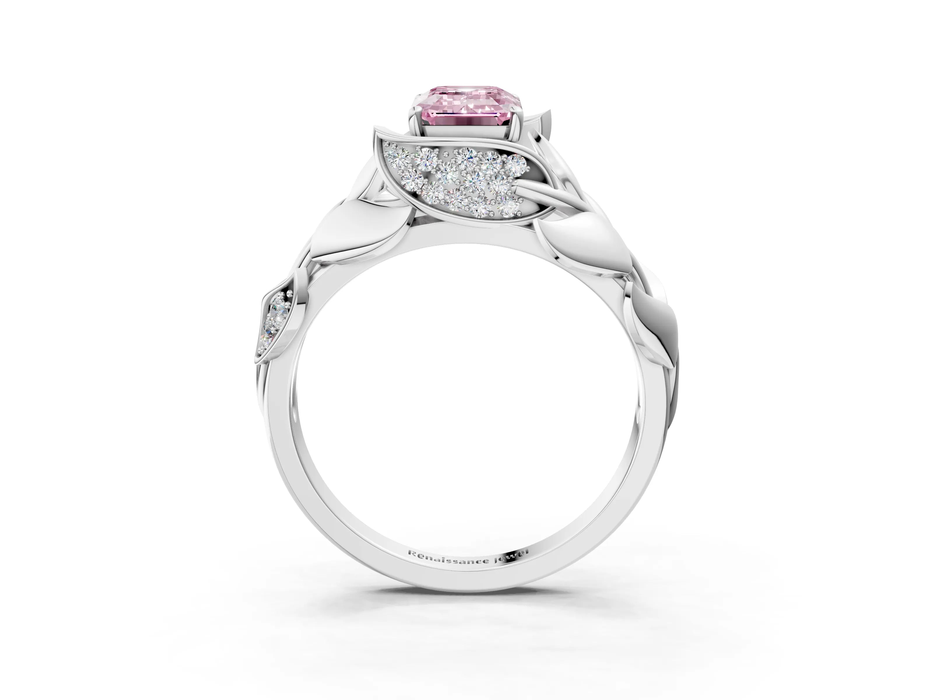 White gold Fancy Pink Emerald Cut Solitaire Leaf-Inspired Engagement Ring with Prong Setting_3