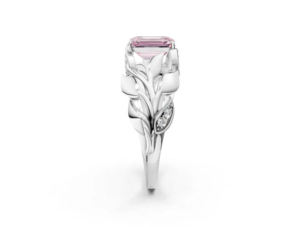 Platinum Emerald Cut Leaf Bypass Engagement Ring Setting for Fancy Pink Center with Pave Leaf Panels