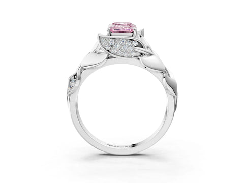White gold Fancy Pink Emerald Cut Solitaire Leaf-Inspired Engagement Ring with Prong Setting_3