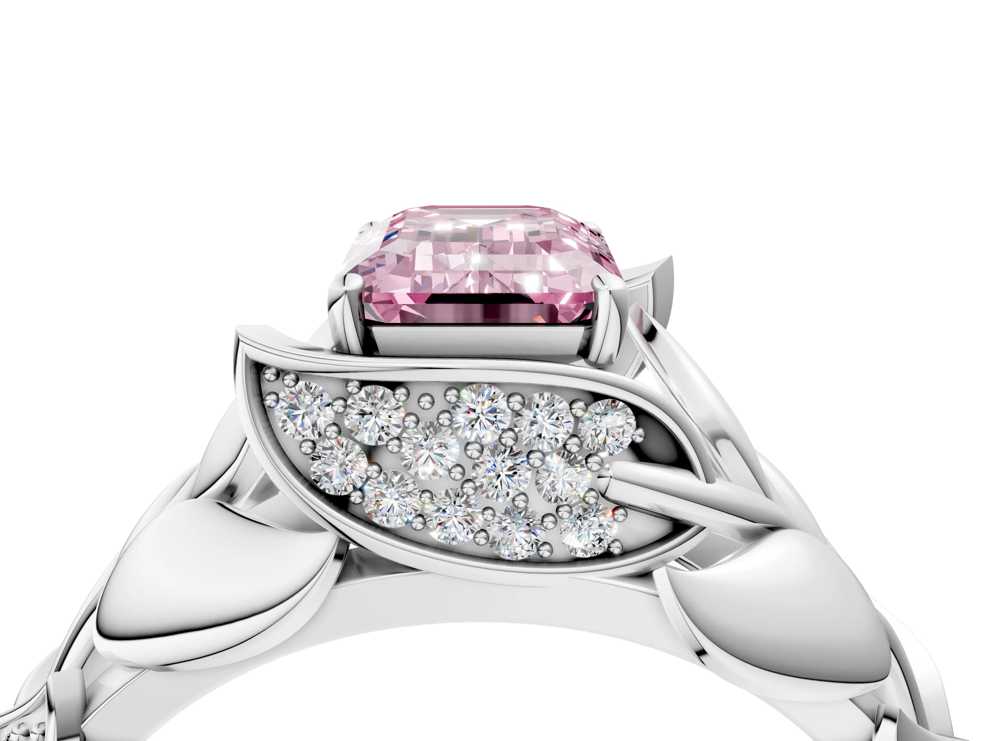 White gold Fancy Pink Emerald Cut Solitaire Leaf-Inspired Engagement Ring with Prong Setting_4