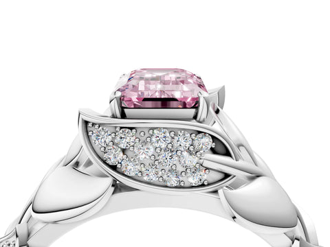 White gold Fancy Pink Emerald Cut Solitaire Leaf-Inspired Engagement Ring with Prong Setting_4