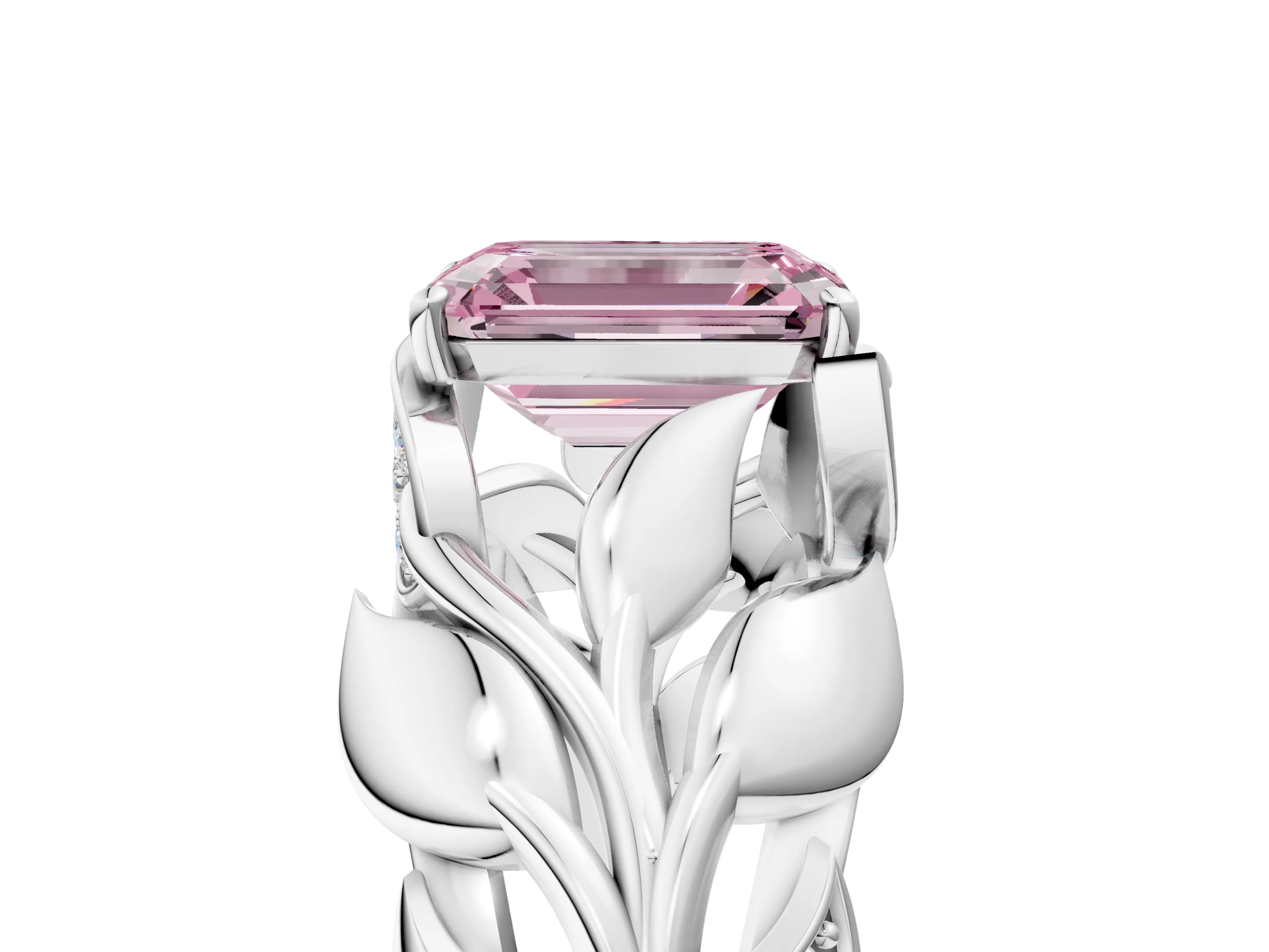 White gold Fancy Pink Emerald Cut Solitaire Leaf-Inspired Engagement Ring with Prong Setting_5