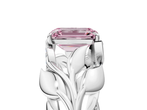White gold Fancy Pink Emerald Cut Solitaire Leaf-Inspired Engagement Ring with Prong Setting_5