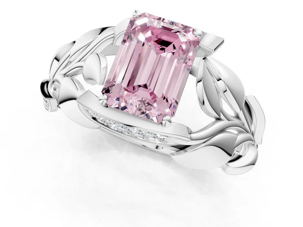 Sterling Silver Emerald Cut Pave Leaf Bypass Engagement Ring Setting for Fancy Pink Center