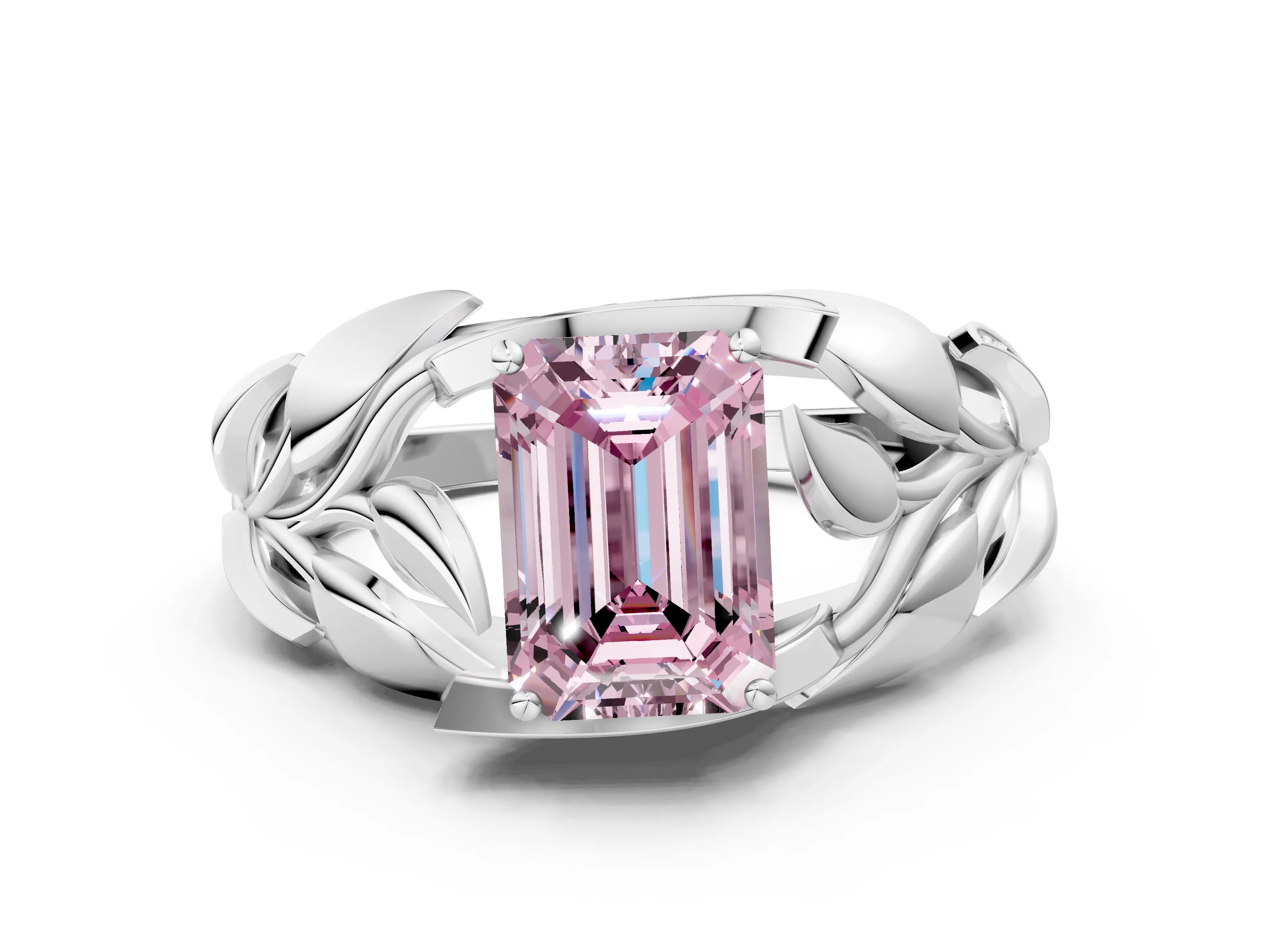 White gold Fancy Pink Emerald Cut Solitaire Leaf-Inspired Engagement Ring with Prong Setting