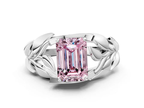White gold Fancy Pink Emerald Cut Solitaire Leaf-Inspired Engagement Ring with Prong Setting
