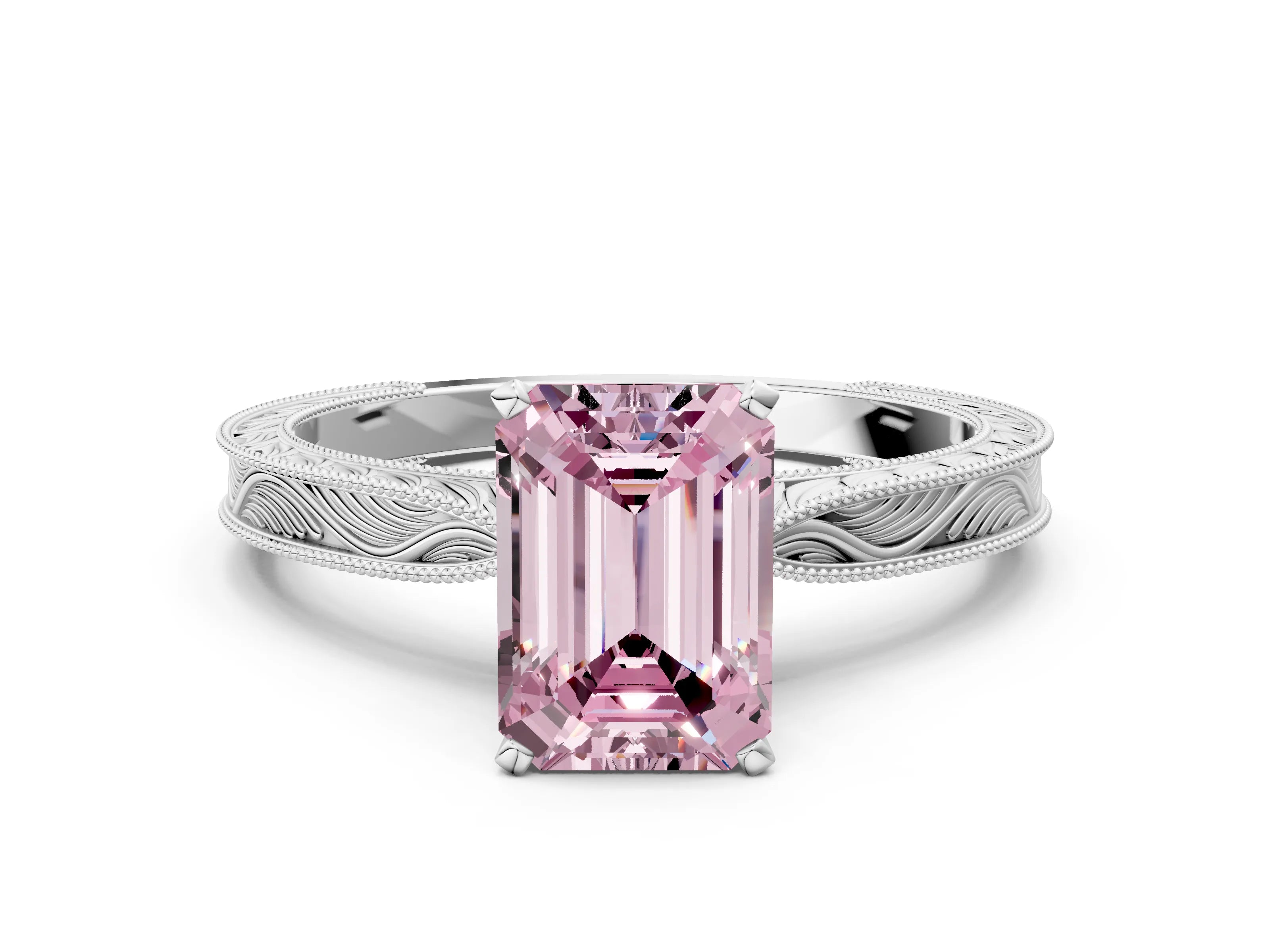 White gold Fancy Pink Emerald Cut Solitaire Milgrain Engraved Band with Four-Prong Setting_12