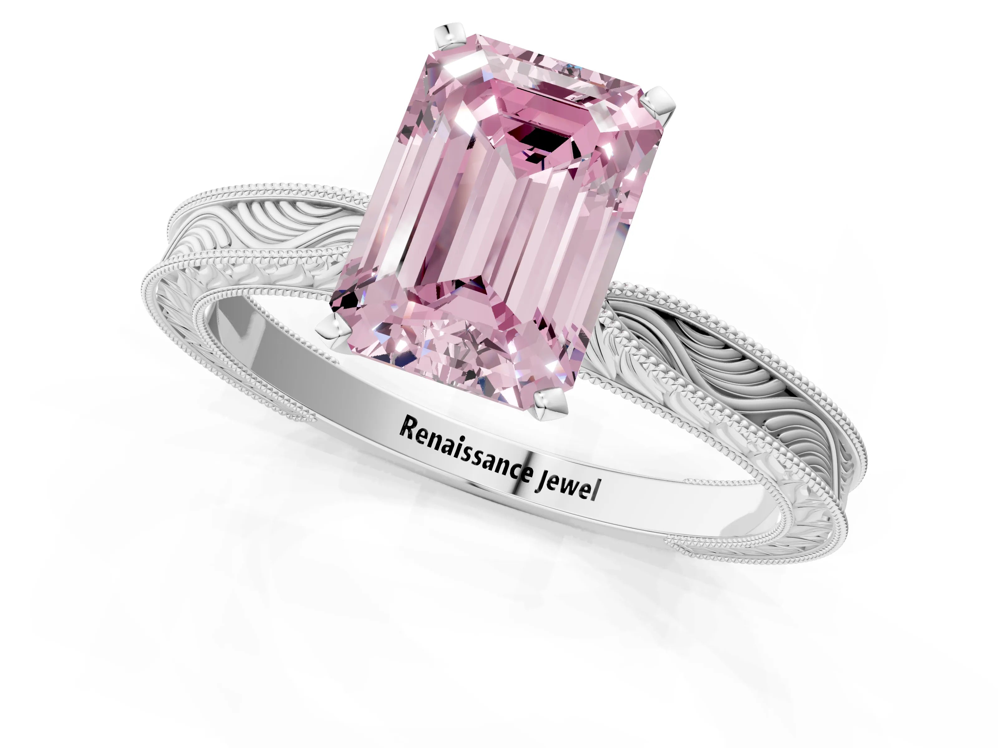 White gold Fancy Pink Emerald Cut Solitaire Milgrain Engraved Band with Four-Prong Setting_13