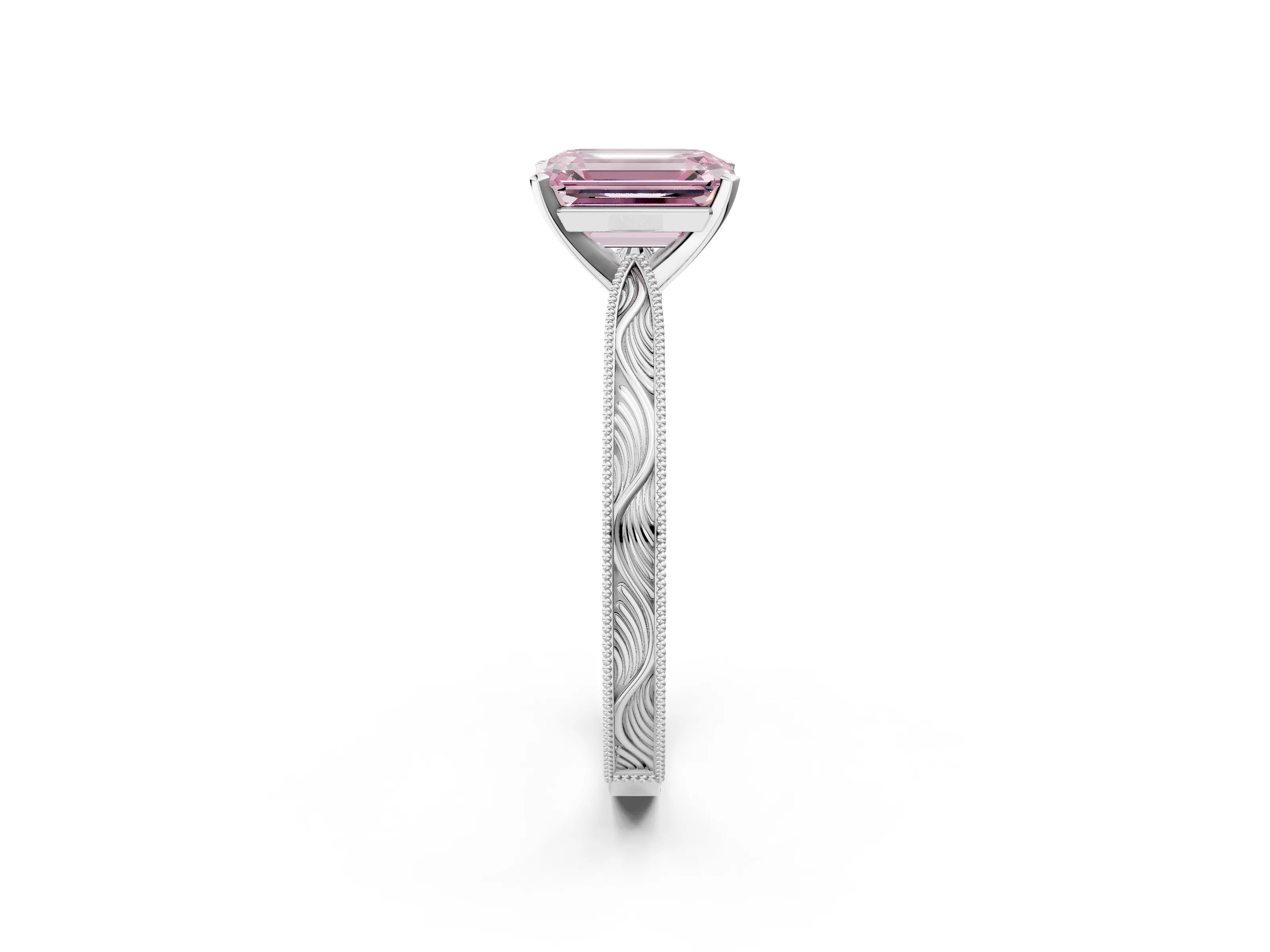 White gold Fancy Pink Emerald Cut Solitaire Milgrain Engraved Band with Four-Prong Setting_14