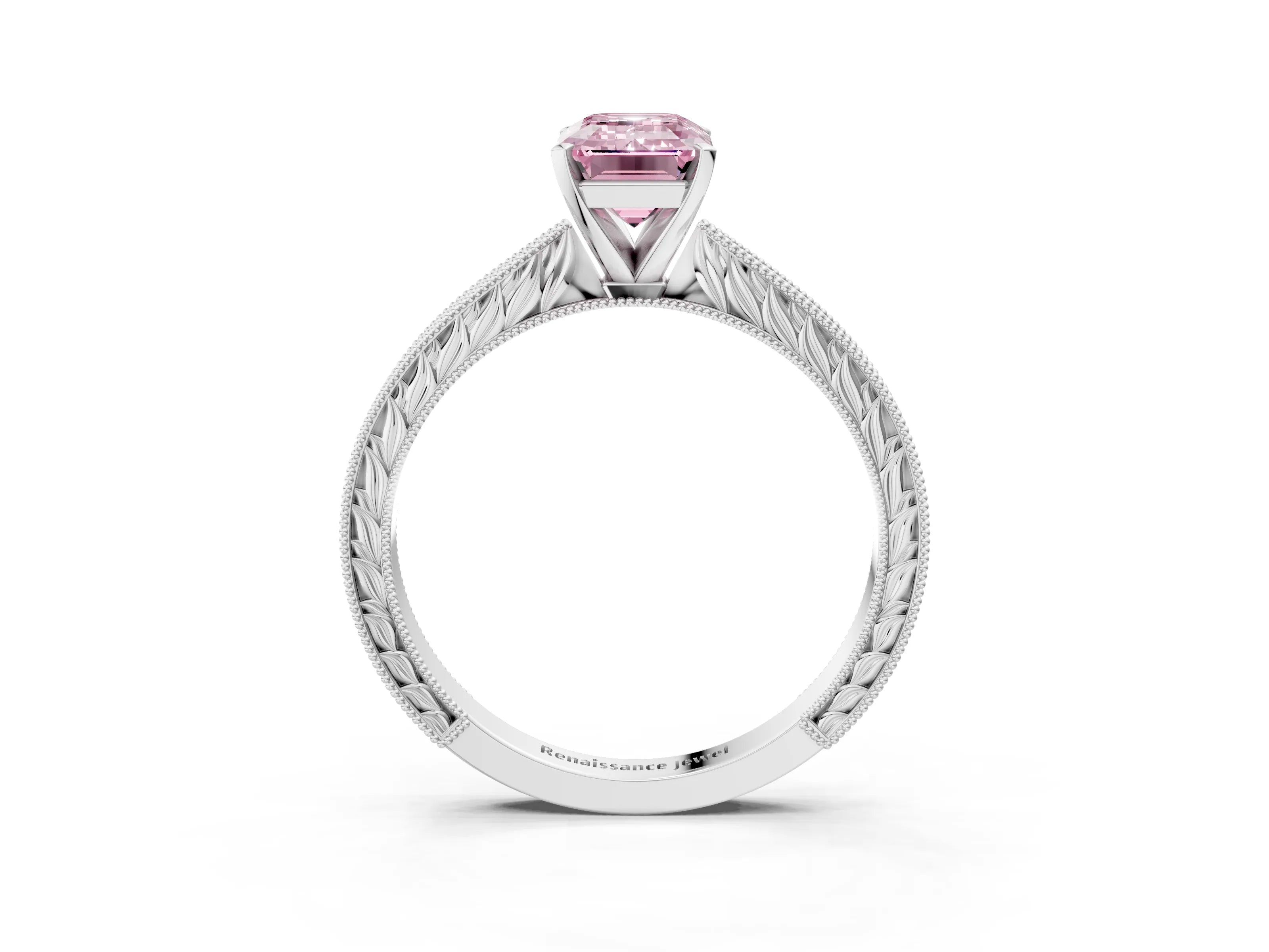 White gold Fancy Pink Emerald Cut Solitaire Milgrain Engraved Band with Four-Prong Setting_15