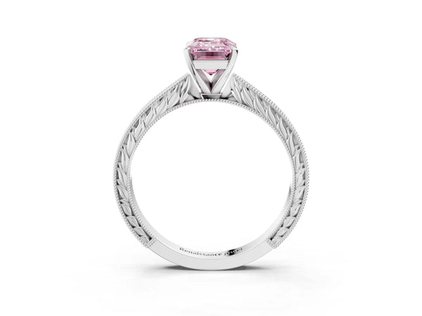 White Gold Emerald Cut Solitaire Engagement Ring Setting for Fancy Pink Center with Engraved Band
