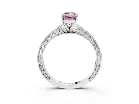 White gold Fancy Pink Emerald Cut Solitaire Milgrain Engraved Band with Four-Prong Setting_15